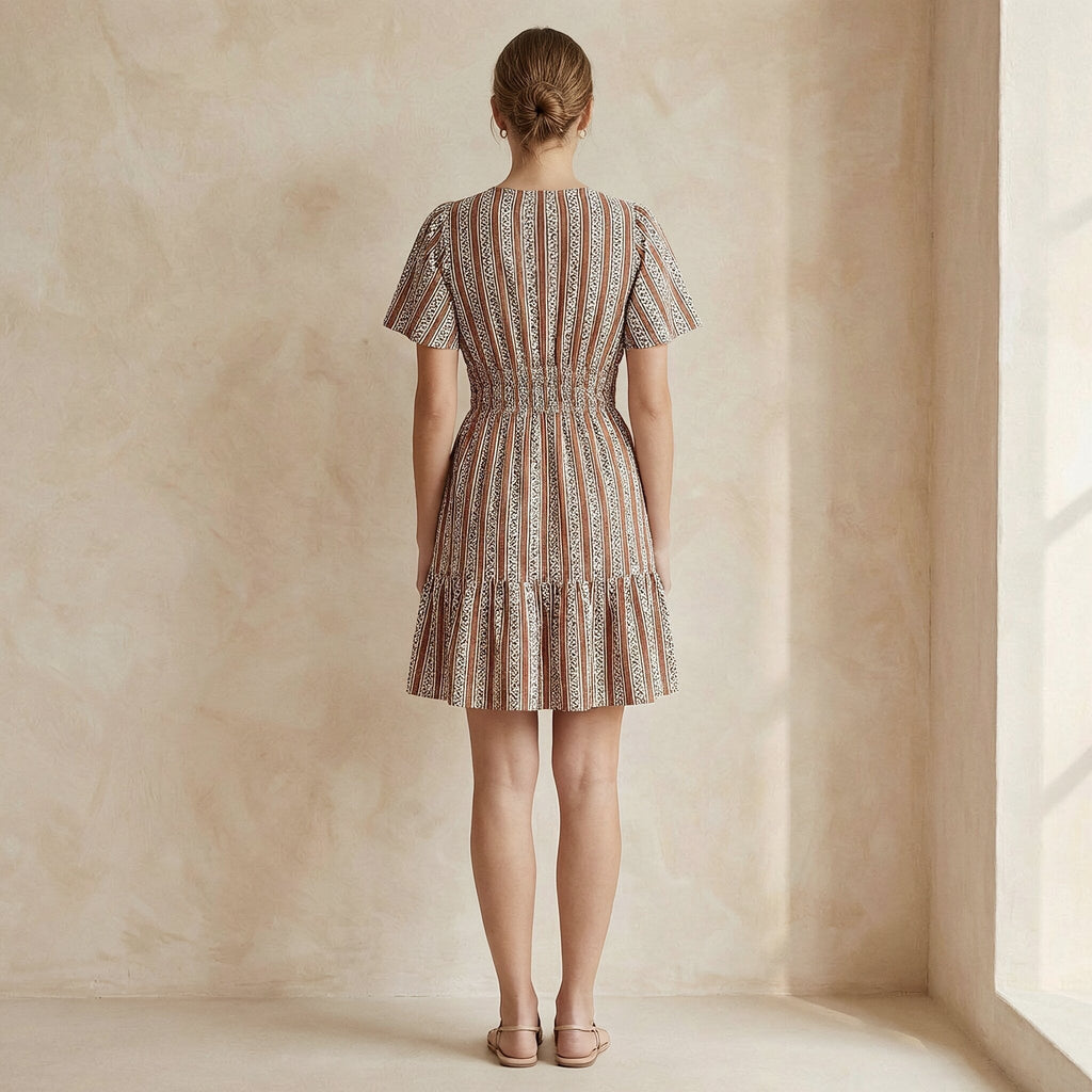 Red Leaf Block Print Cotton Elasticated Short Tier Dress
