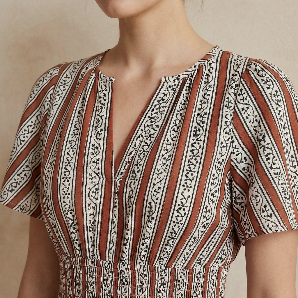 Red Leaf Block Print Cotton Elasticated Short Tier Dress