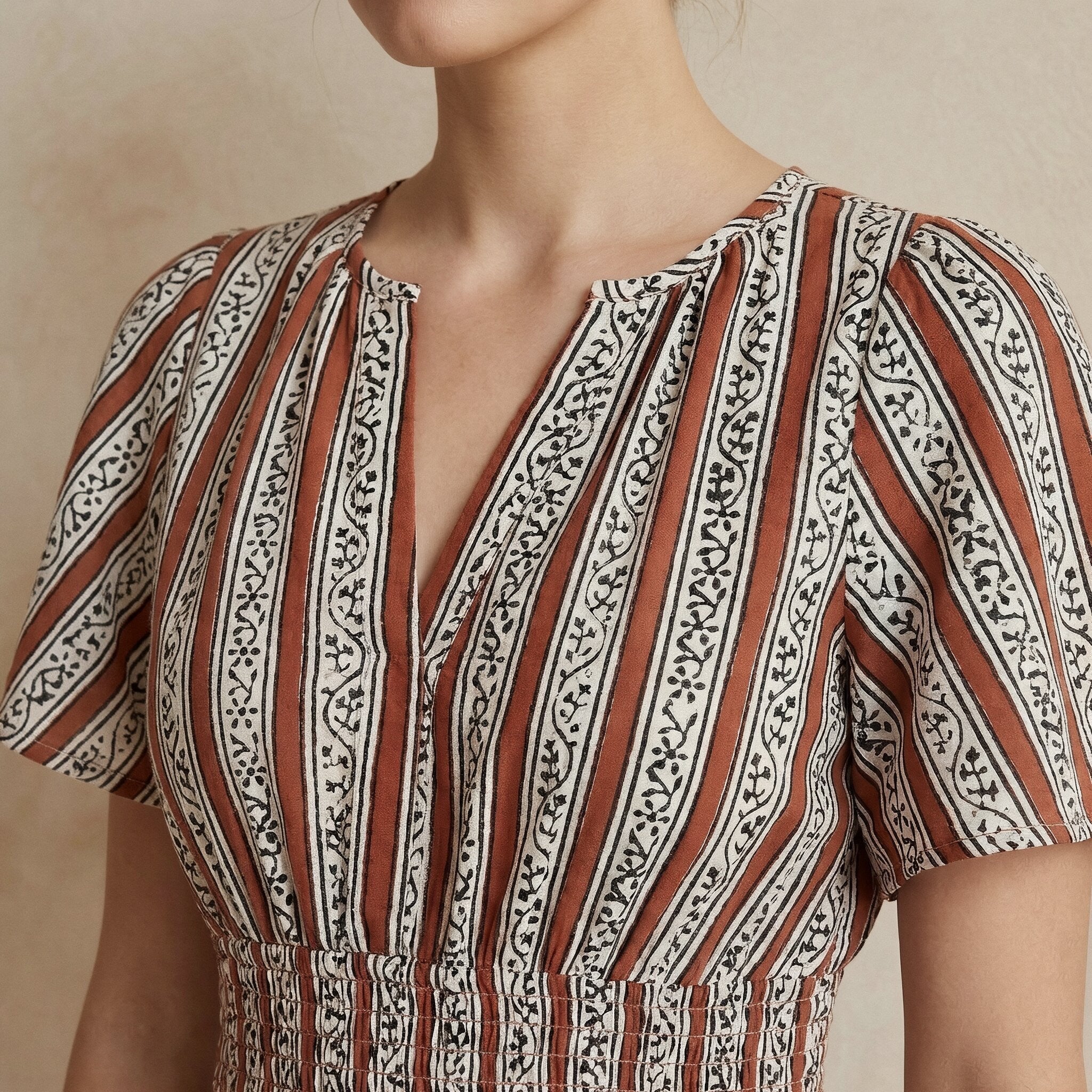 Red Leaf Block Print Cotton Elasticated Short Tier Dress