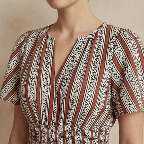 Red Leaf Block Print Cotton Elasticated Short Tier Dress