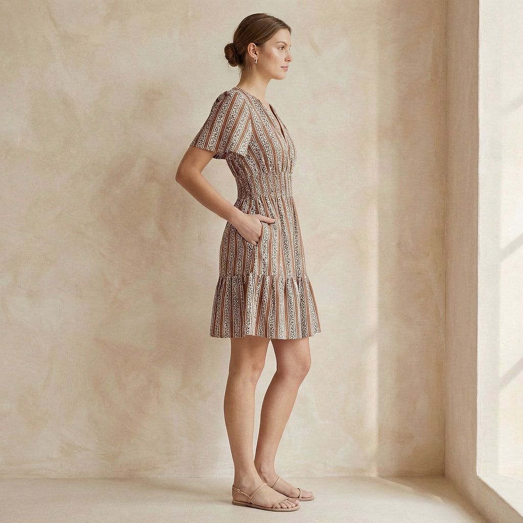 Red Leaf Block Print Cotton Elasticated Short Tier Dress