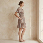 Red Leaf Block Print Cotton Elasticated Short Tier Dress