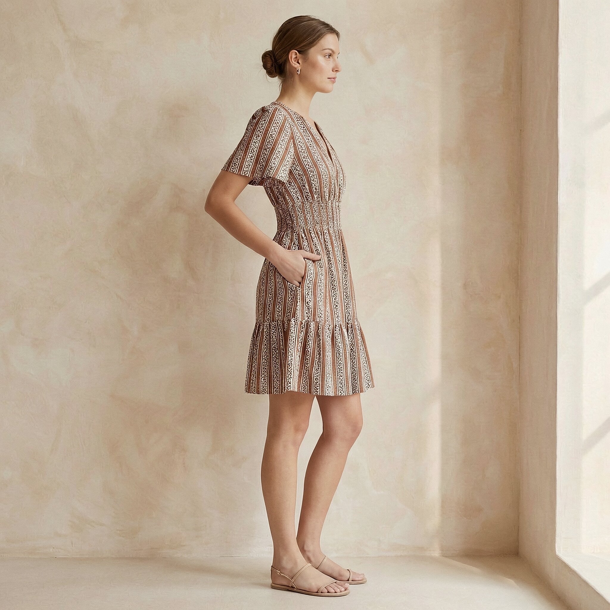 Red Leaf Block Print Cotton Elasticated Short Tier Dress