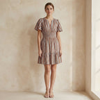 Red Leaf Block Print Cotton Elasticated Short Tier Dress