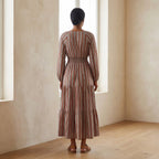 Red Leaf Block Print Cotton Fit and Flare Maxi Tier Dress