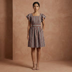 Red Leaf Block Print Cotton Open-Back Fit and Flare Knee Length Dress