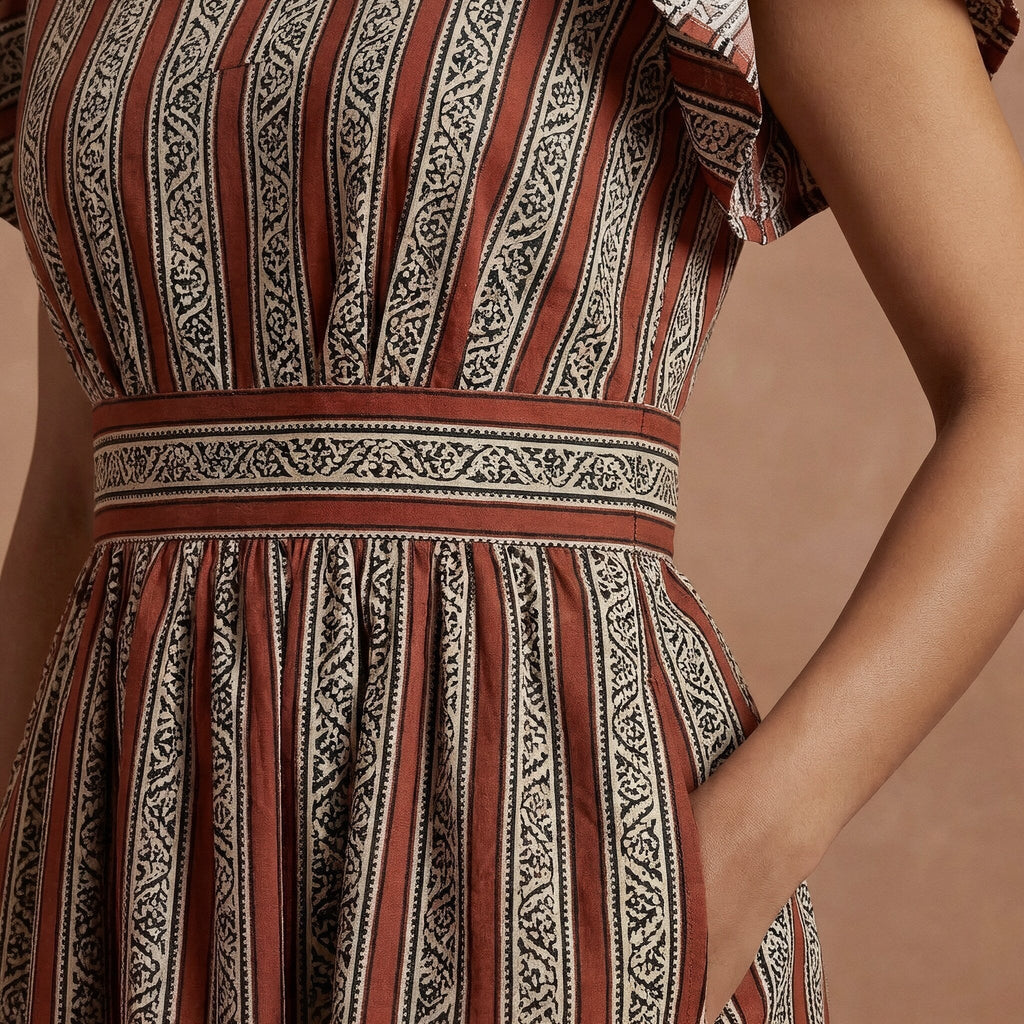 Red Leaf Block Print Cotton Open-Back Fit and Flare Knee Length Dress