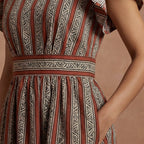 Red Leaf Block Print Cotton Open-Back Fit and Flare Knee Length Dress