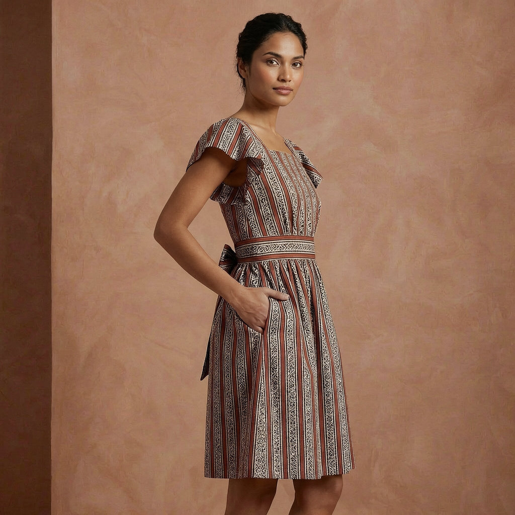 Red Leaf Block Print Cotton Open-Back Fit and Flare Knee Length Dress