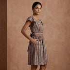 Red Leaf Block Print Cotton Open-Back Fit and Flare Knee Length Dress