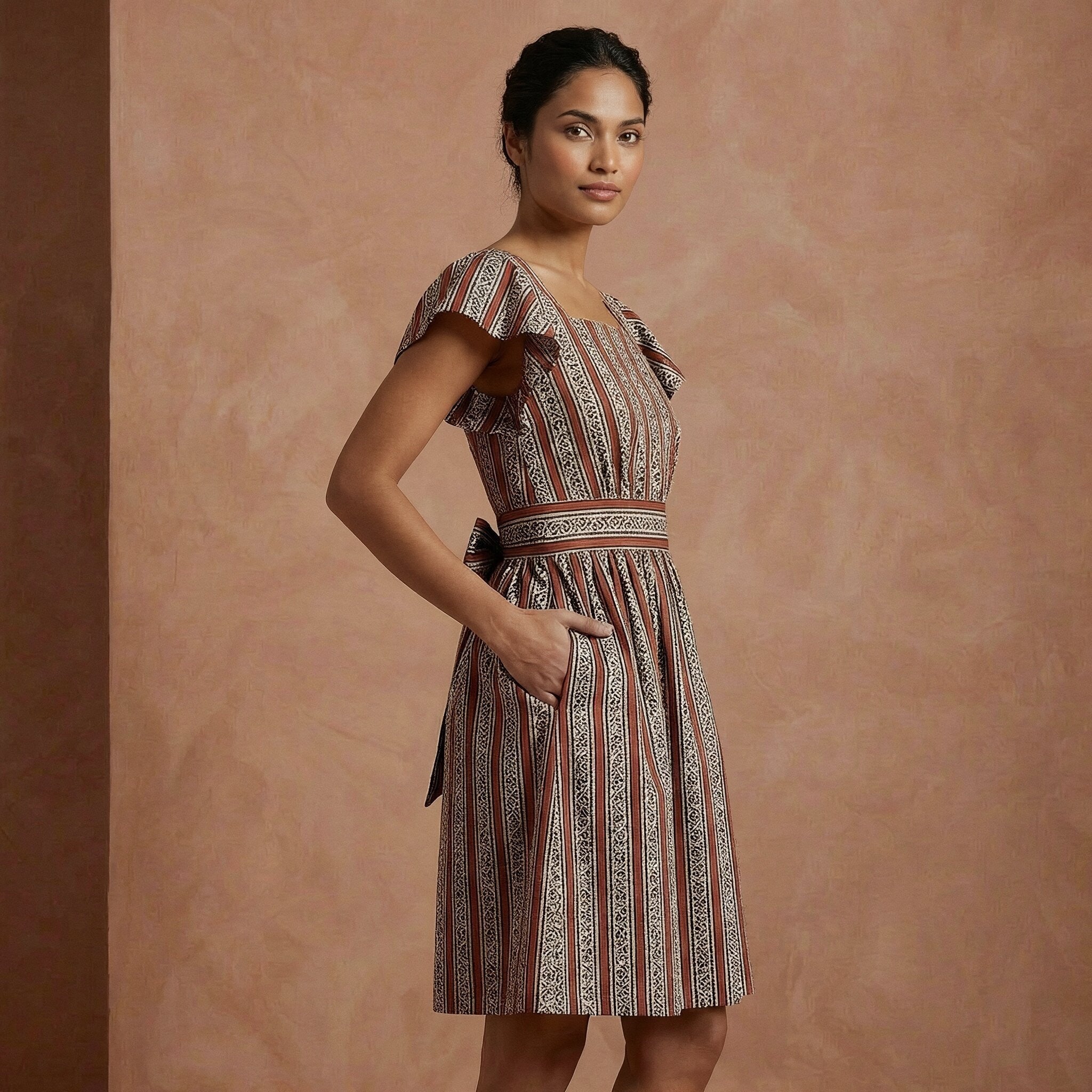 Red Leaf Block Print Cotton Open-Back Fit and Flare Knee Length Dress
