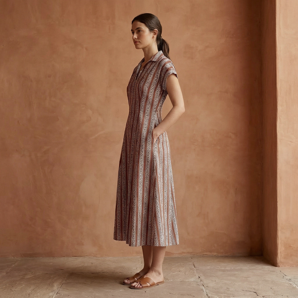 Red Leaf Block Print Cotton Paneled A-Line Midi Dress