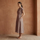 Red Leaf Block Print Cotton Paneled A-Line Midi Dress