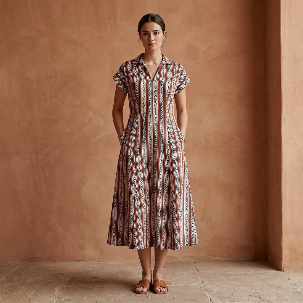 Red Leaf Block Print Cotton Paneled A-Line Midi Dress
