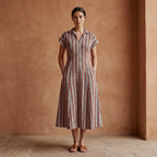 Red Leaf Block Print Cotton Paneled A-Line Midi Dress