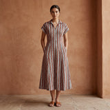 Red Leaf Block Print Cotton Paneled A-Line Midi Dress