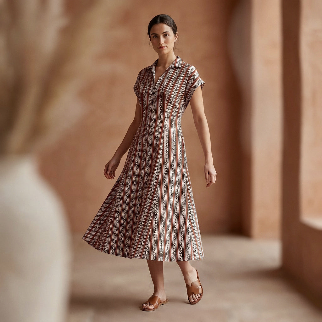 Red Leaf Block Print Cotton Paneled A-Line Midi Dress