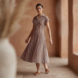 Red Leaf Block Print Cotton Paneled A-Line Midi Dress