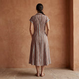 Red Leaf Block Print Cotton Paneled A-Line Midi Dress