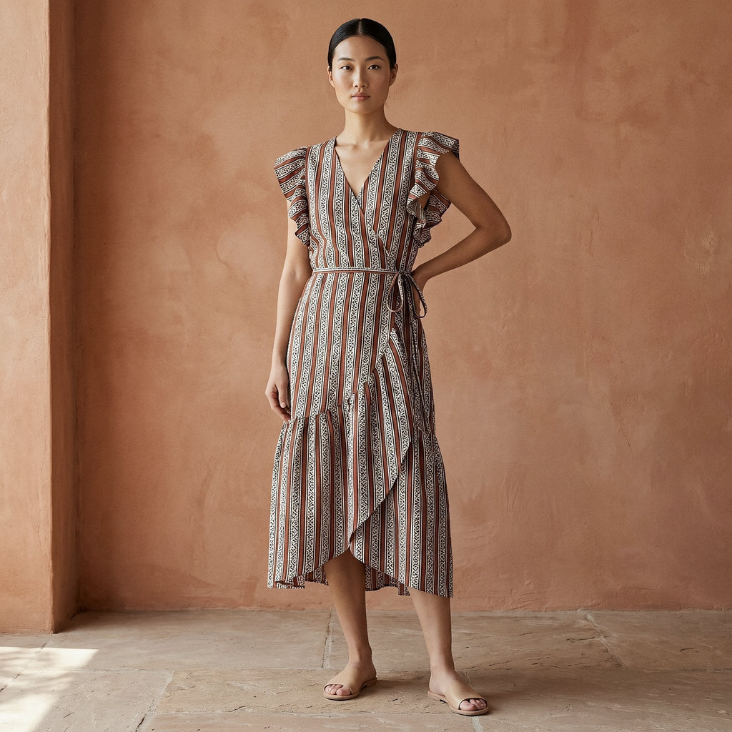 Red Leaf Block Print Cotton Ruffle Midi Wrap Dress