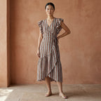 Red Leaf Block Print Cotton Ruffle Midi Wrap Dress