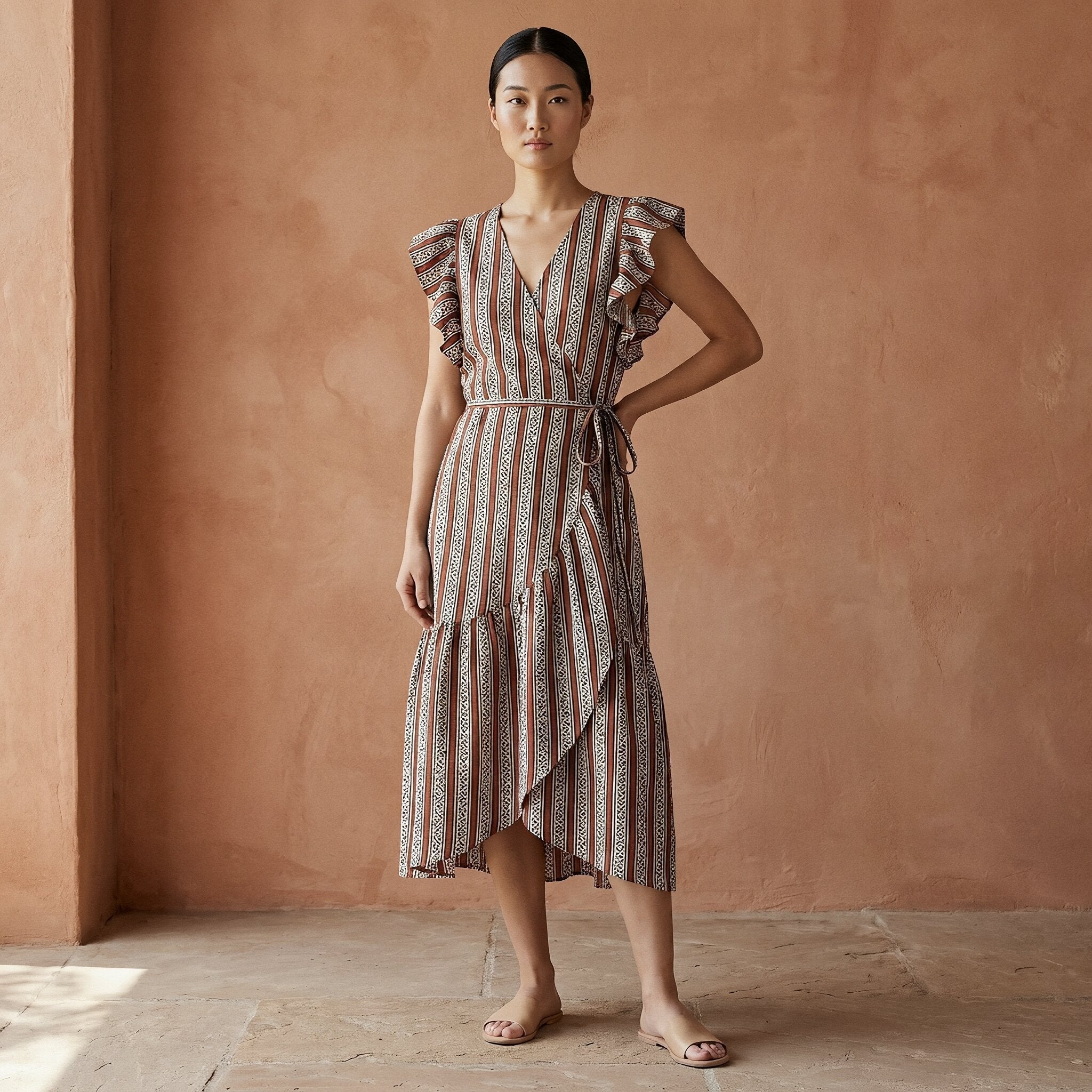 Red Leaf Block Print Cotton Ruffle Midi Wrap Dress