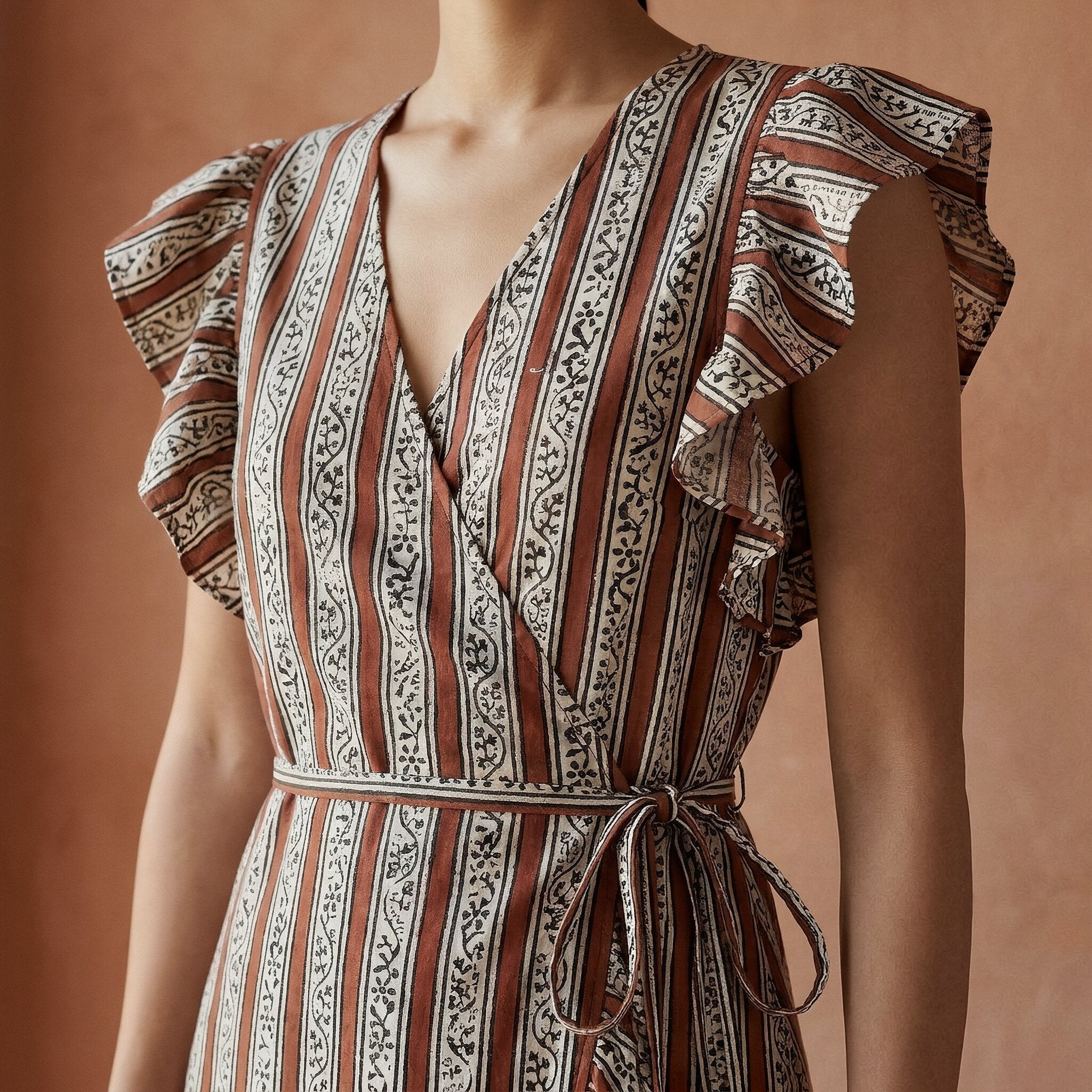 Red Leaf Block Print Cotton Ruffle Midi Wrap Dress