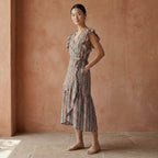 Red Leaf Block Print Cotton Ruffle Midi Wrap Dress