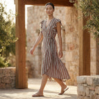 Red Leaf Block Print Cotton Ruffle Midi Wrap Dress