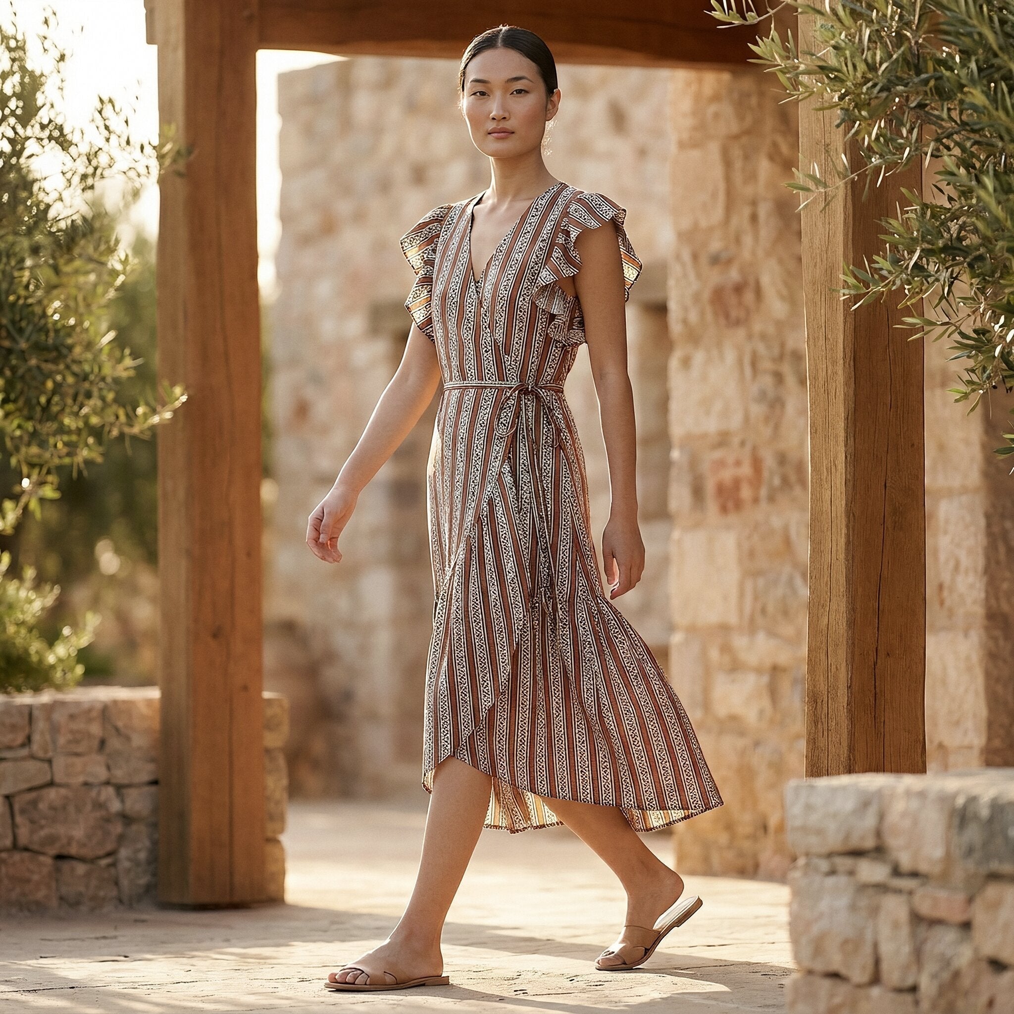 Red Leaf Block Print Cotton Ruffle Midi Wrap Dress