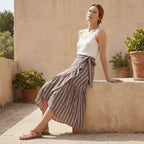 Red Leaf Block Print Cotton Ruffle Midi Wrap Skirt