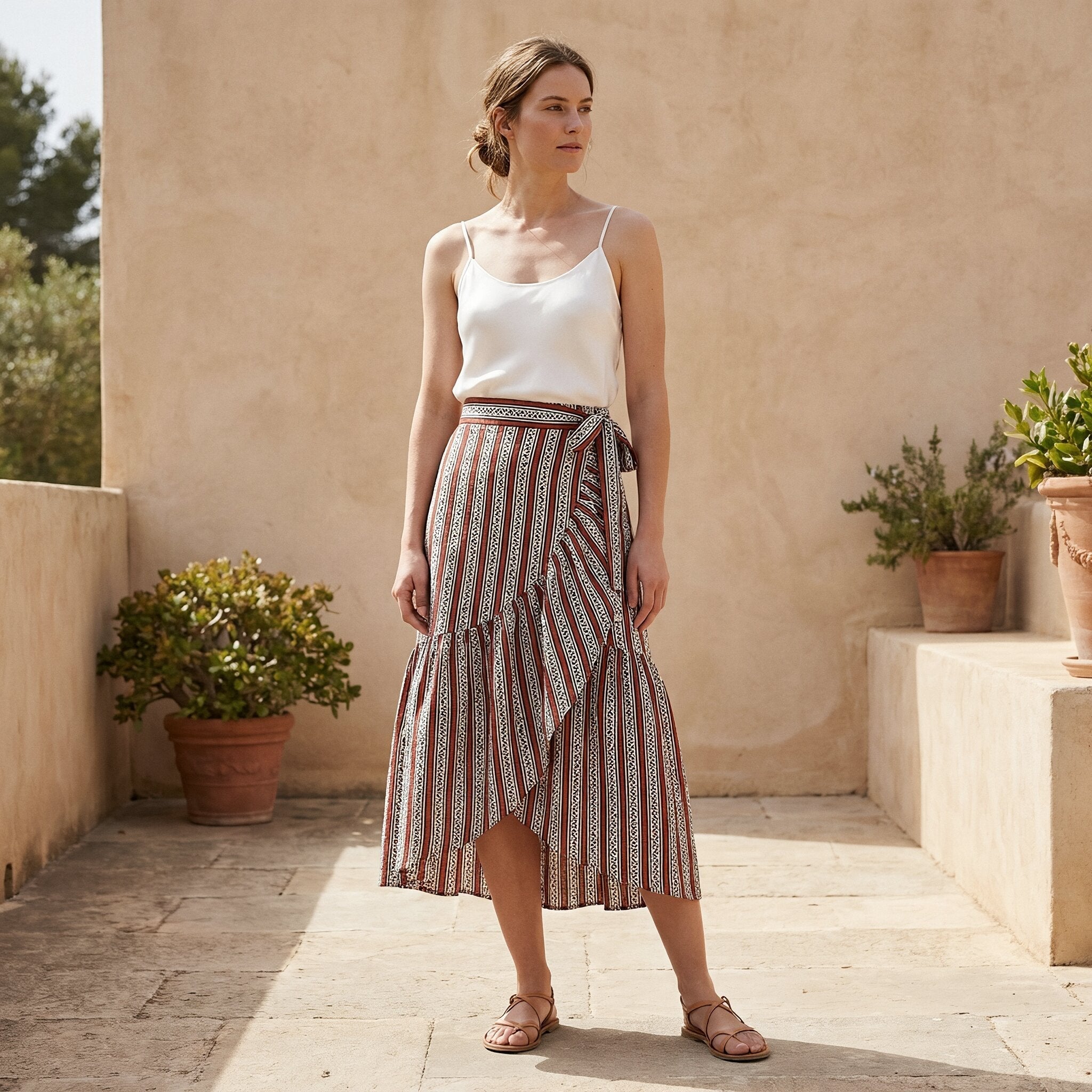 Red Leaf Block Print Cotton Ruffle Midi Wrap Skirt