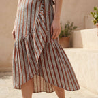Red Leaf Block Print Cotton Ruffle Midi Wrap Skirt