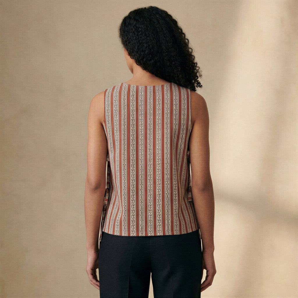 Red Leaf Block Print Cotton Sleeveless Side-Tie Top