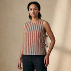 Red Leaf Block Print Cotton Sleeveless Side-Tie Top
