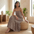 Red Leafy Block Print Cotton Drop-Waist Camisole Maxi Tier Dress