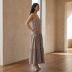 Red Leafy Block Print Cotton Drop-Waist Camisole Maxi Tier Dress