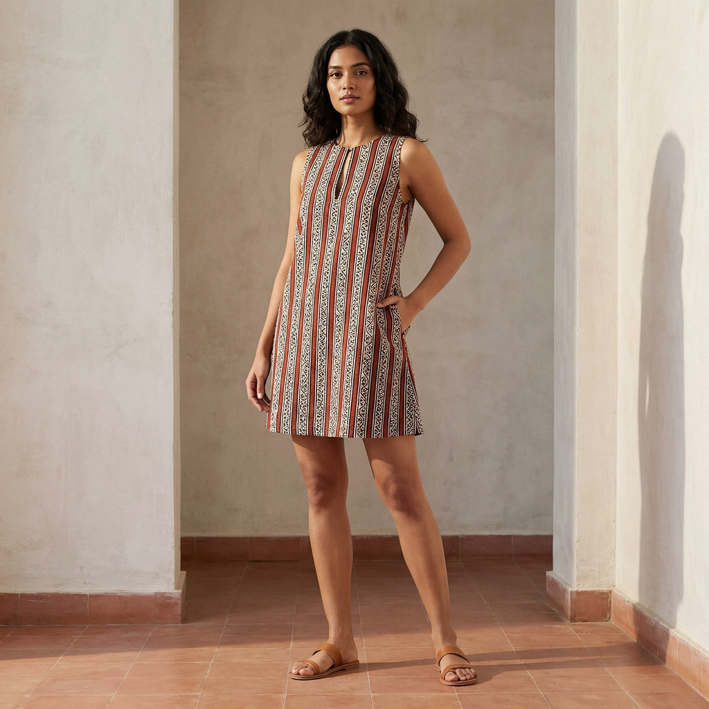Red Leafy Block Print Cotton Sleeveless A-Line Short Shift Dress