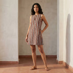 Red Leafy Block Print Cotton Sleeveless A-Line Short Shift Dress