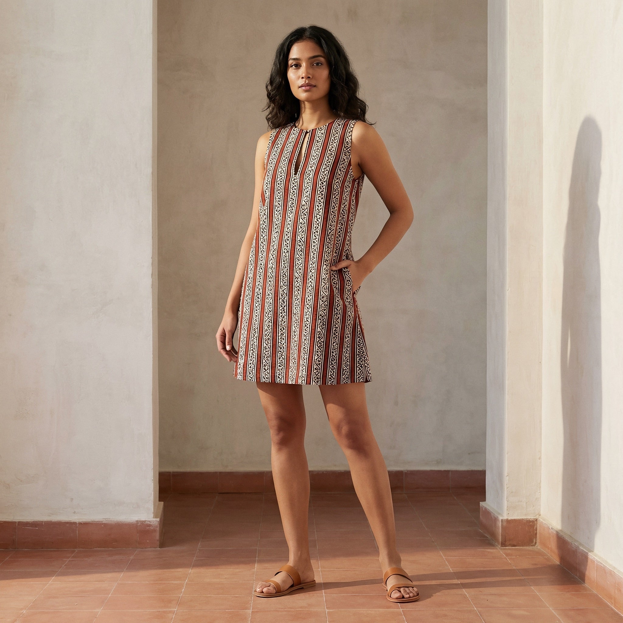 Red Leafy Block Print Cotton Sleeveless A-Line Short Shift Dress