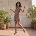 Red Leafy Block Print Cotton Sleeveless A-Line Short Shift Dress