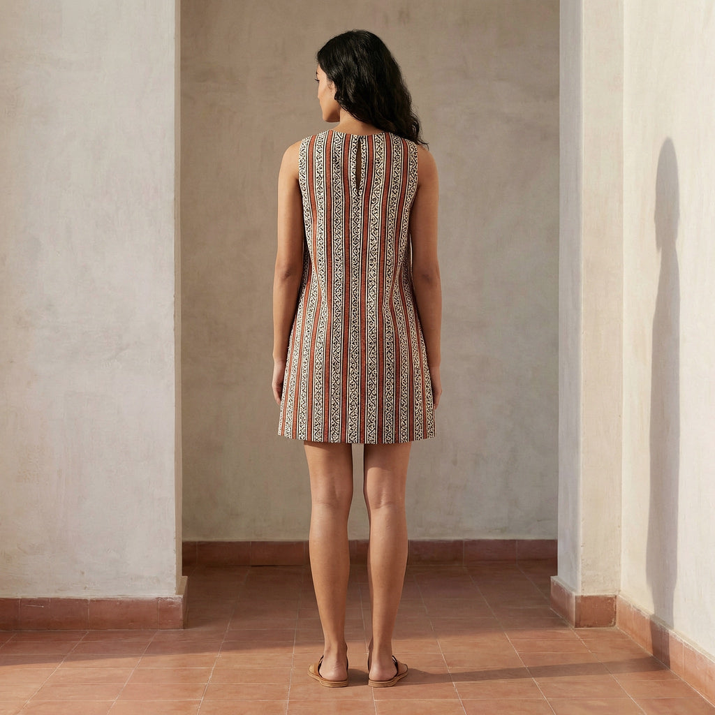 Red Leafy Block Print Cotton Sleeveless A-Line Short Shift Dress