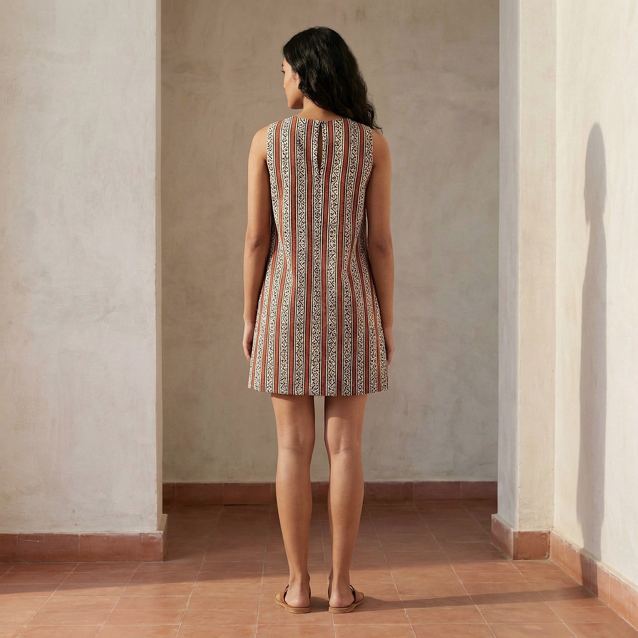 Red Leafy Block Print Cotton Sleeveless A-Line Short Shift Dress