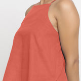 Left View of a Model wearing Red Strappy Everyday Cotton Spaghetti Top