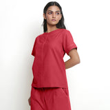 Left View of a Model wearing Red Vegetable-Dyed 100% Cotton Paneled Top