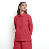 Front View of a Model wearing Red Vegetable Dyed Handspun Cotton Button-Down Top