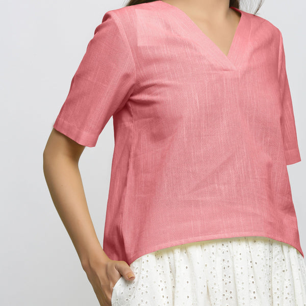 Front Detail of a Model wearing Red Yarn Dyed 100% Cotton V-Neck High-Low Top