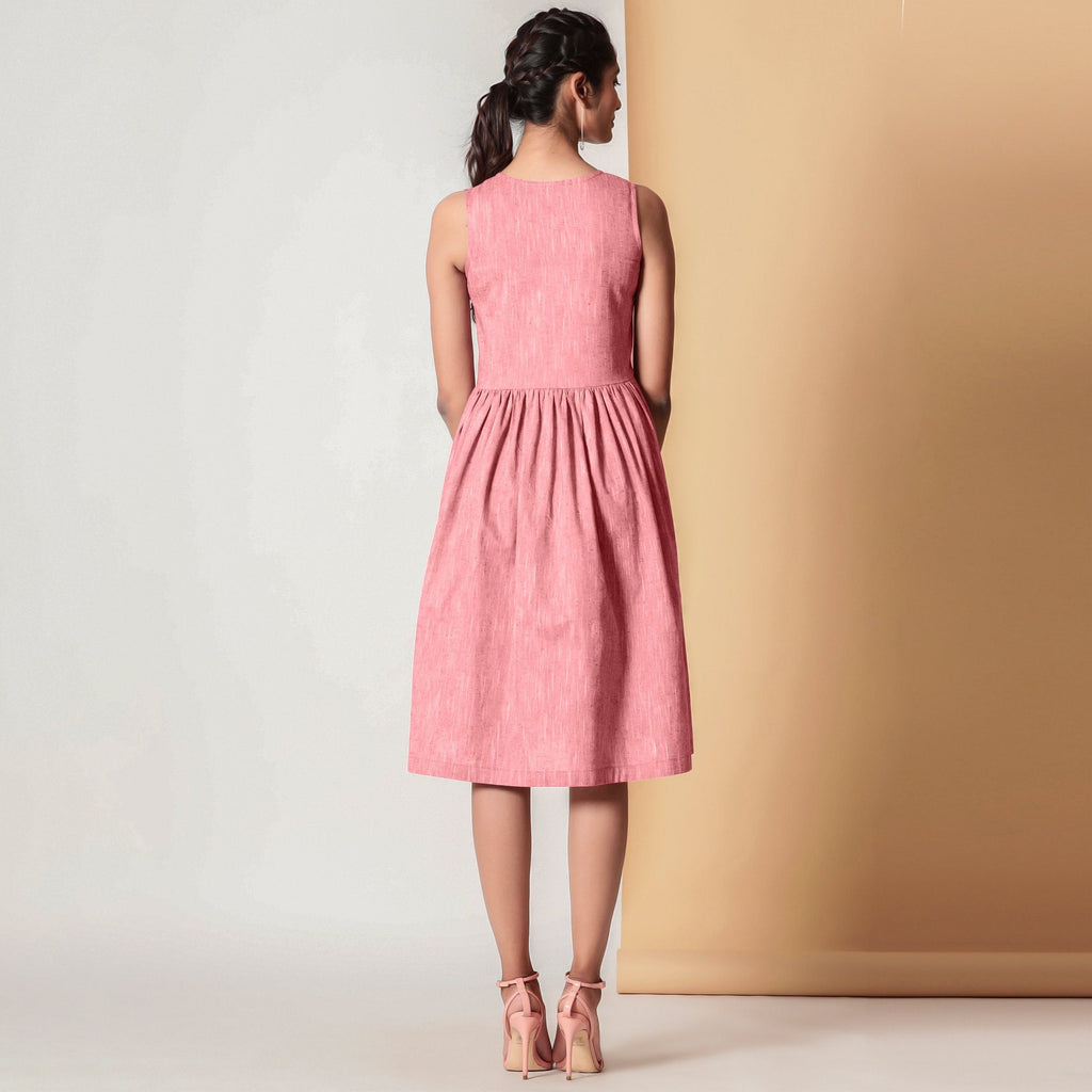 Back View of a Model wearing Red Yarn Dyed Gathered Yoke Dress