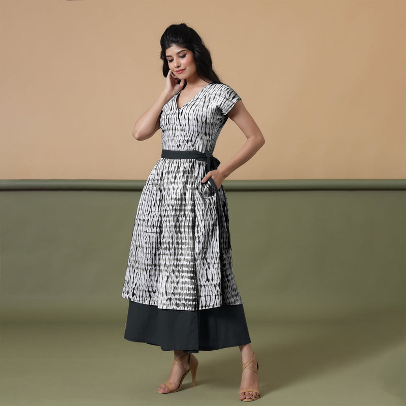 Reversible Black Tie-Dye Cotton V-Neck Maxi Wrap Dress