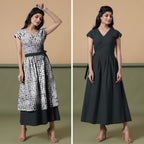 Reversible Black Tie-Dye Cotton V-Neck Maxi Wrap Dress